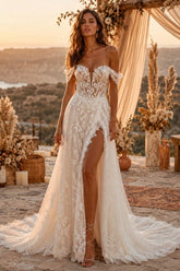 Ivory Lace A Line Wedding Dress with Side Slit and Off Shoulder Sleeves