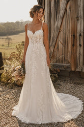 Ivory Lace A Line Wedding Dress with Spaghetti Straps and Sheer Corset Bodice