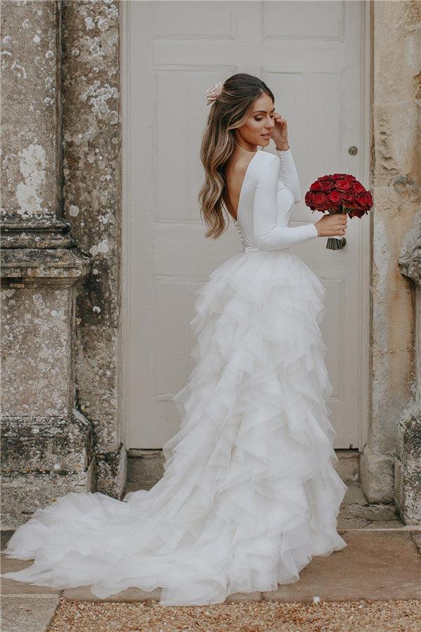 Ivory Lace Applique Wedding Dress Long Sleeves Ball Gown Bridal Dress