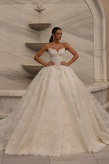 Ivory Lace Ball Gown Wedding Dress with Pearl Beaded Corset Bodice