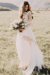 Ivory Long Sleeves Beach Wedding Dress Tulle Lace A Line Bridal Dress