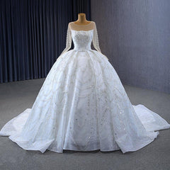 Ivory Long Sleeves Wedding Dress Ball Gown Sequin Bridal Dress with Sweep Train