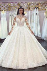 Ivory Long Sleeves Wedding Dress Lace Appliques Ball Gown Bridal Dress