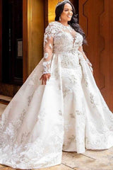 Ivory Long Sleeves Wedding Dress Mermaid Bridal Dress With Panel Train