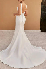 Ivory Mermaid Beach Wedding Dress V Neck Bridal Dress With Slit