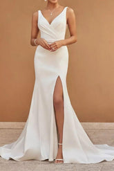 Ivory Mermaid Beach Wedding Dress V Neck Bridal Dress With Slit