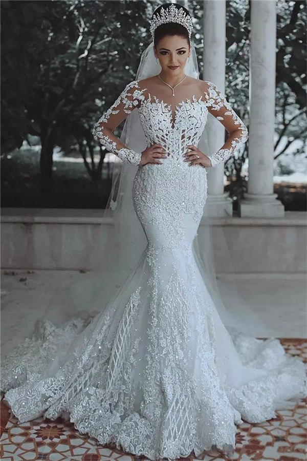 Ivory Mermaid Wedding Dress Beaded Long Sleeve Tulle Appliques Bridal Dress