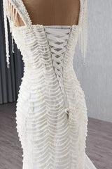 Ivory Mermaid Wedding Dress Tulle Bridal Dress with Imitation Pearls