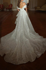 Ivory Off the Shoulder Evening Dress Sequin Mermaid Prom Dress with Panel Train