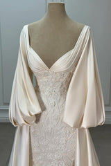 Ivory Satin A Line Wedding Dress with Long Puff Sleeves and Beaded Lace