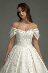 Ivory Satin Ball Gown Wedding Dress with Off Shoulder Sleeves and Corset Bodice
