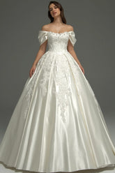Ivory Satin Ball Gown Wedding Dress with Off Shoulder Sleeves and Corset Bodice