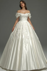 Ivory Satin Ball Gown Wedding Dress with Off Shoulder Sleeves and Corset Bodice
