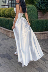 Ivory Satin Beach Wedding Dress Spaghetti Straps A Line Bridal Dress
