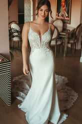 Ivory Satin Mermaid Wedding Dress with Lace Bodice and Spaghetti Straps