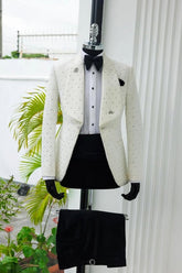 Ivory Shawl Lapel Prom Suit Beaded Slim Fit Wedding Suit