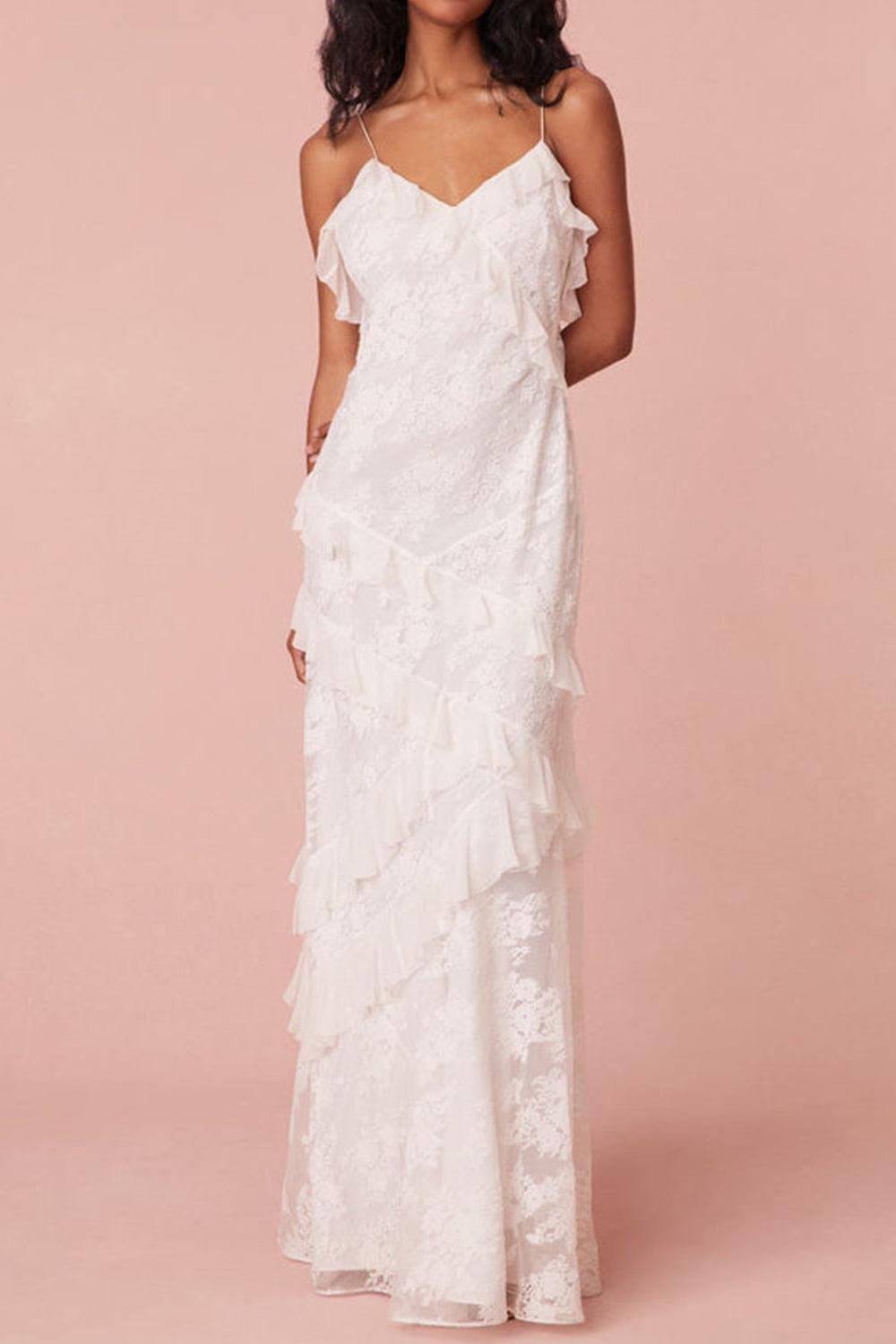 Ivory Sheath Spaghetti Straps Graduation Dress Backless Long Dress With Ruffles Bridal Gown
