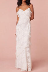Ivory Sheath Spaghetti Straps Graduation Dress Backless Long Dress With Ruffles Bridal Gown