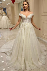 Ivory Sparkly Tulle A Line Wedding Dress with Off Shoulder Straps and 3D Flowers