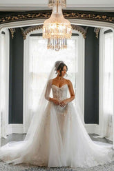 Ivory Strapless Wedding Dress Lace Appliques Long Sleeves Mermaid Bridal Dress with with Panel Train