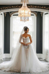 Ivory Strapless Wedding Dress Lace Appliques Long Sleeves Mermaid Bridal Dress with with Panel Train