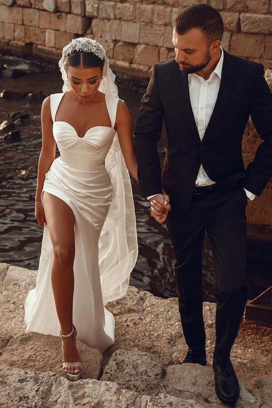 Ivory Sweetheart Beach Wedding Dress Mermaid Satin Bridal Dress