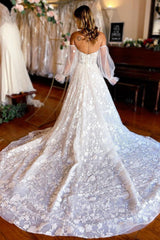 Ivory Sweetheart Corset Long Sleeves Lace Wedding Dress with Detachable Features