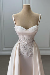 Ivory Sweetheart Spaghetti Strap Sleeveless Beaded Panel Train Ruffle Satin Bridal Gown