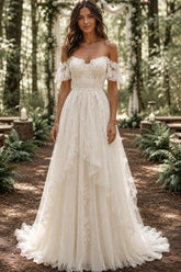 Ivory Tulle A Line Wedding Dress with Off Shoulder Flutter Sleeves and Cascading Lace
