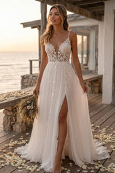 Ivory Tulle A Line Wedding Dress with Plunging V Neck and High Slit