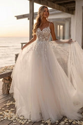 Ivory Tulle A Line Wedding Dress with Sheer Lace Corset and Spaghetti Straps