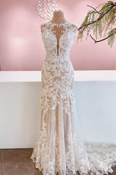 Ivory Tulle Lace Beach Wedding Dress Bateau Neck Mermaid Bridal Dress with Sweep Train