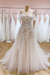 Ivory Tulle Lace Wedding Dress Off the Shoulder A-Line Bridal Dress with Sweep Train