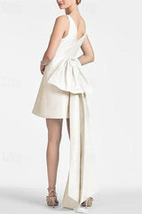 Ivory V Neck A Line Short Beach Wedding Dress with Bow