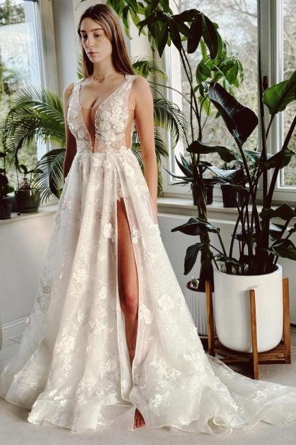 Ivory V Neck Beach Wedding Dress A Line Split Front Sleeveless Bridal Gown With Lace