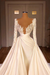 Ivory Wedding Dress A Line Long Sleeves Beaded Bridal Dress with Panel Train