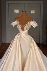Ivory Wedding Dress A Line Off The Shoulder Beaded Bridal Dress with Panel Train