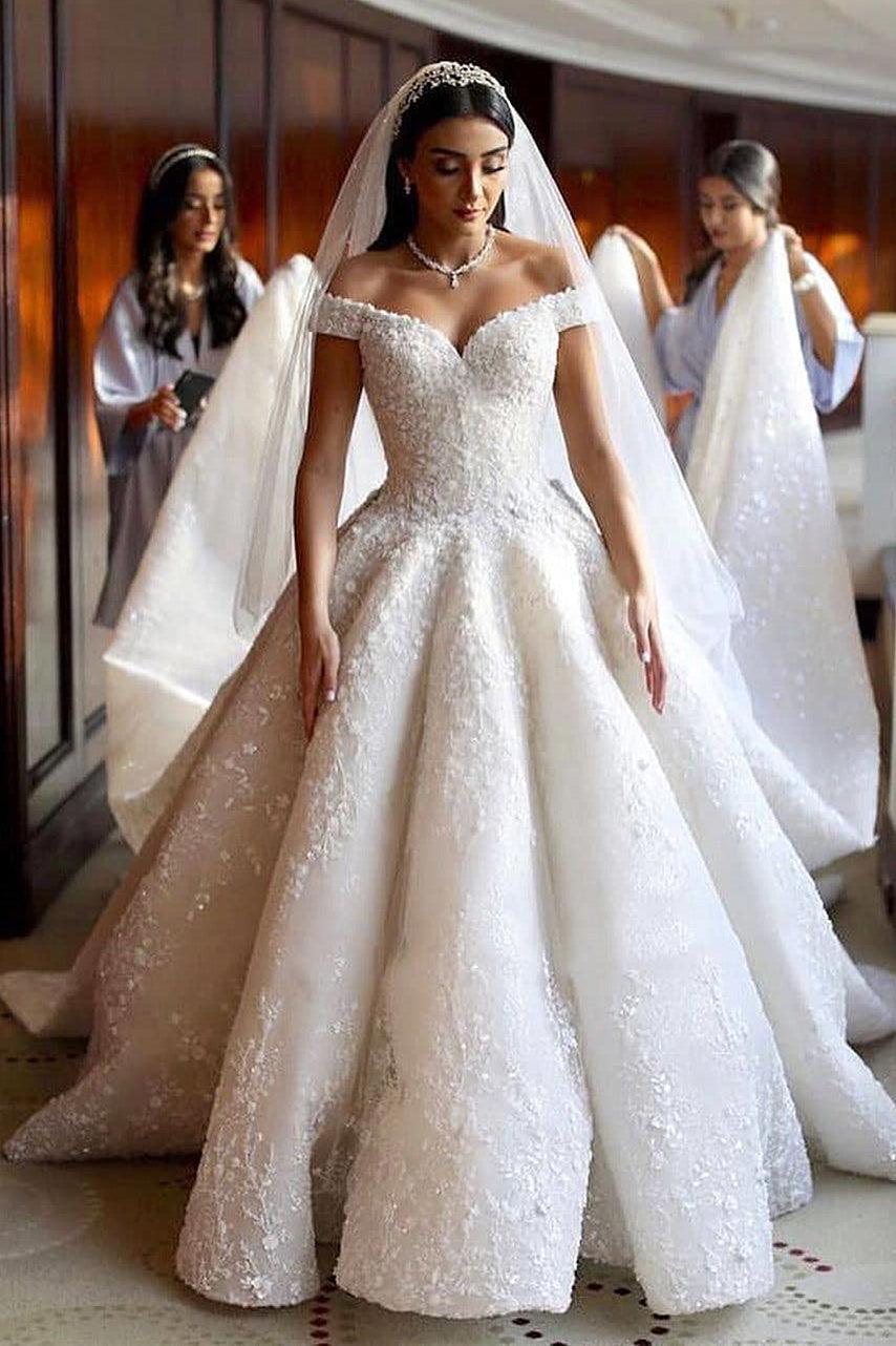 Ivory Wedding Dress Ball Gown Off The Shoulder Appliques Bridal Dress