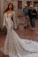 Ivory Wedding Dress Mermaid Lace Long Sleeves Bridal Dress