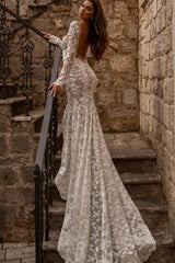 Ivory Wedding Dress Mermaid Lace Long Sleeves Bridal Dress