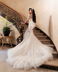 Ivory Wedding Dress Mermaid Long Sleeves Tulle Applique Bridal Dress