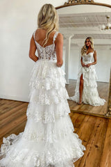 Ivory Wedding Dress Off The Shoulder Tiered Lace Bridal Dress