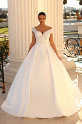 Ivory Wedding Dress Off the Shoulder Ball Gown Sequined Bridal Dress with Sweep Train