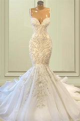 Ivory Wedding Dress Spaghetti Straps Mermaid Beaded Lace Appliques Bridal Dress
