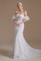 Ivory Wedding Dress Sweetheart Lace Mermaid Wedding Dress with Sleeves
