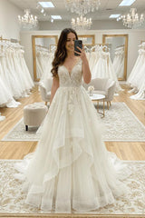 Ivory Wedding Dress V Neck A Line Tulle Bridal Dress with Lace Appliques