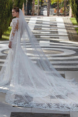 Ivory Wedding Dress V Neck Mermaid Appliques Long Sleeve Bridal Dress