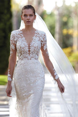 Ivory Wedding Dress V Neck Mermaid Appliques Long Sleeve Bridal Dress
