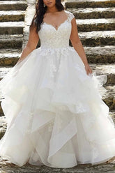 Ivory Wedding Dress V-Neck Plus Size Lace Appliques Bridal Dress