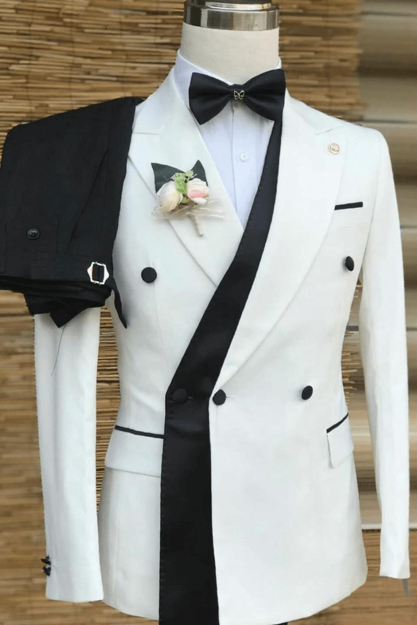 Ivory and Black Prom Suit Notched Lapel Slim Fit Wedding Suit